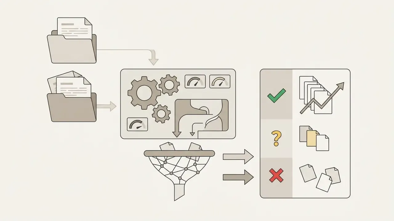 Folders of files feed into a gear processor and network funnel to categorize content by status icons