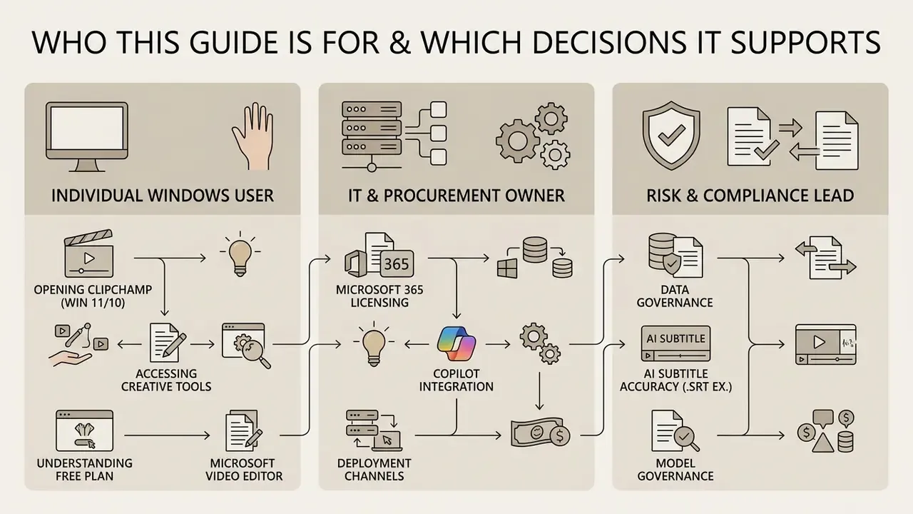 Flowchart outlining Microsoft video editor decisions for individual users, IT owners, and compliance leads