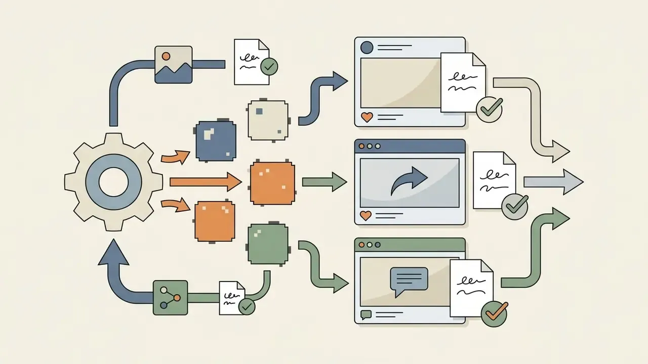Central gear mechanism processing images into social media posts with approval documents