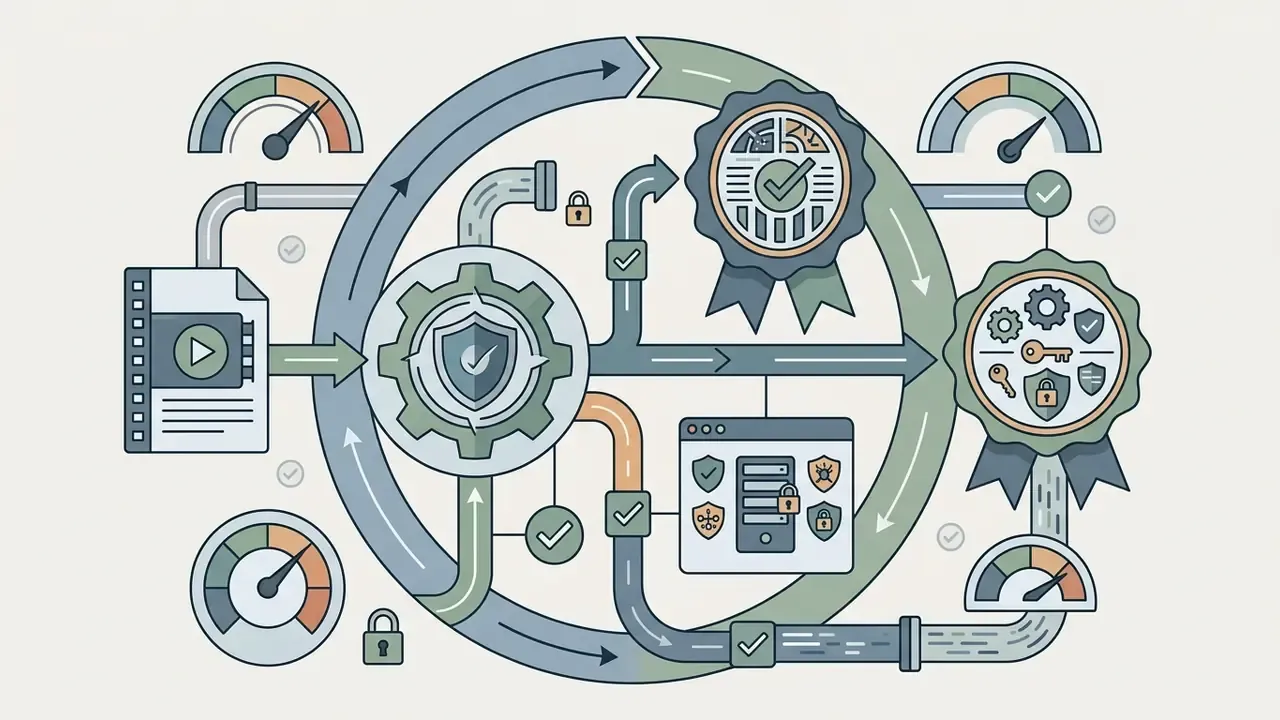 Document and security icons moving through a circular path with gauges and compliance badges
