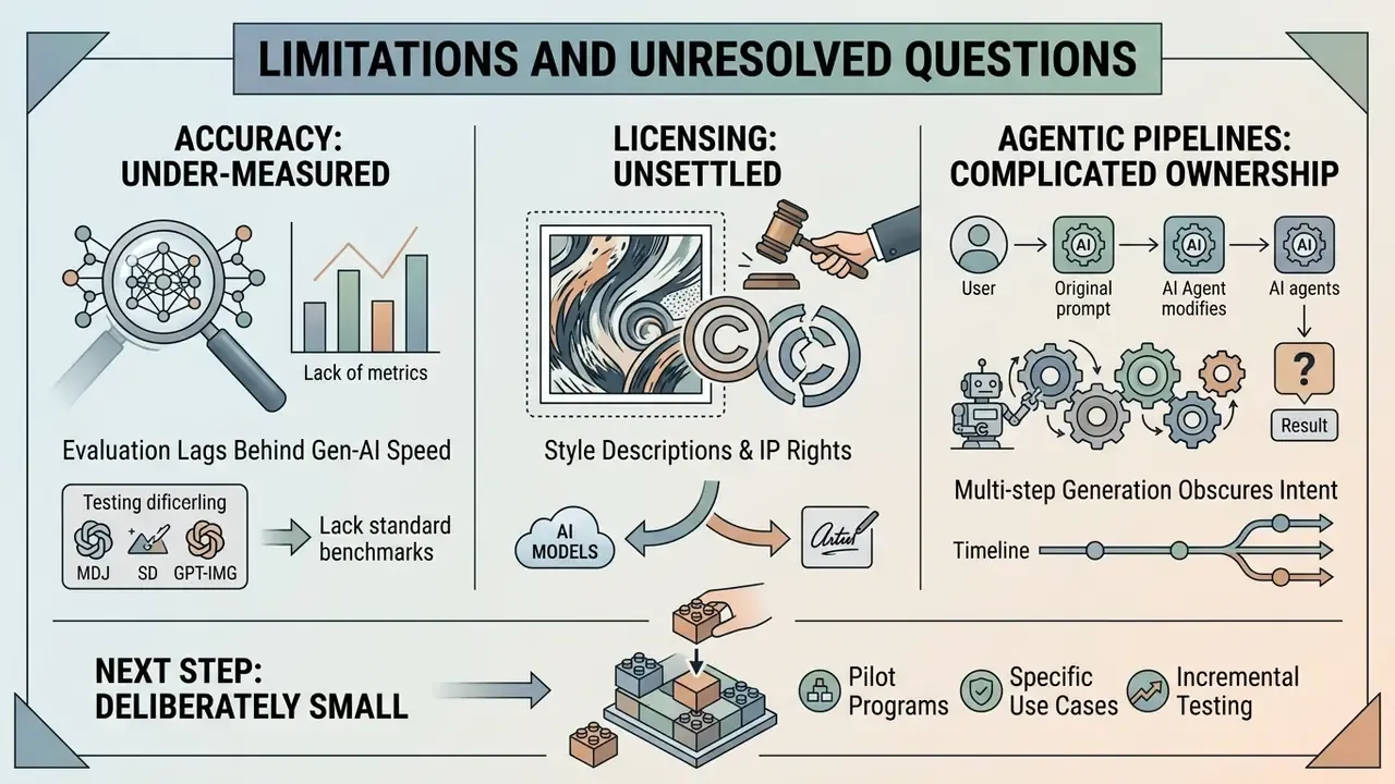 Three columns detailing challenges in AI accuracy, licensing, and ownership with a small-scale pilot strategy