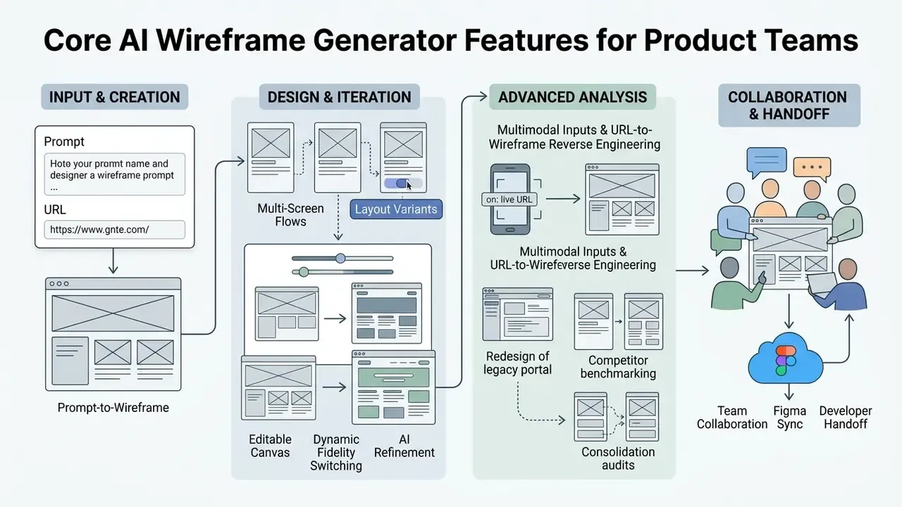 Diagram detailing design workflow stages from initial prompts and URL inputs to final team collaboration