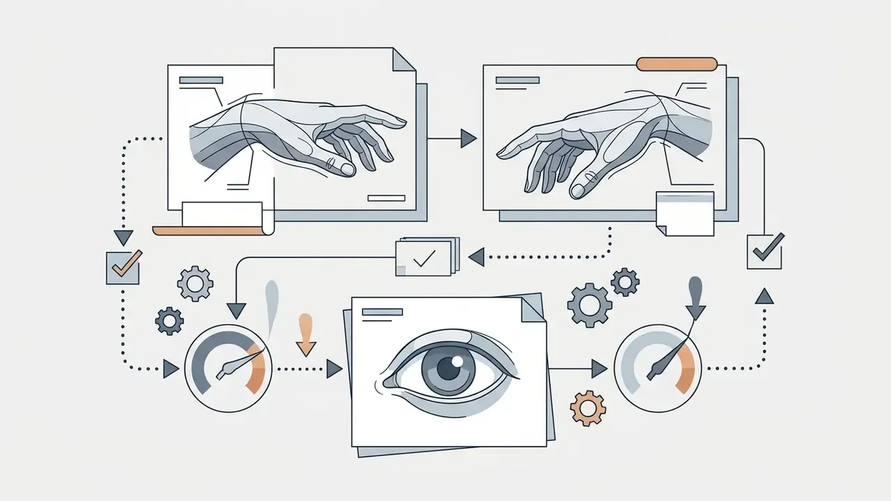 Anatomical hand and eye sketches connected by gauges and checkmarks to illustrate portfolio curation