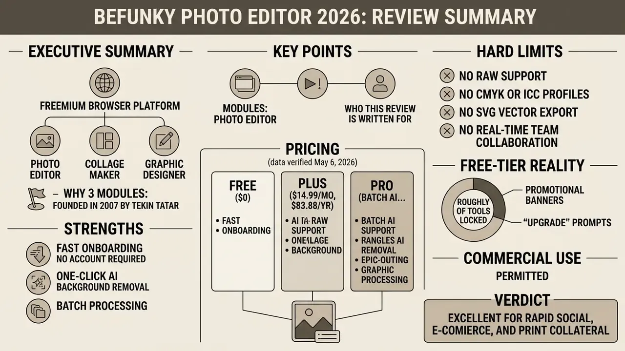 Infographic summarizing BeFunky features including module types, pricing tiers, and platform limitations