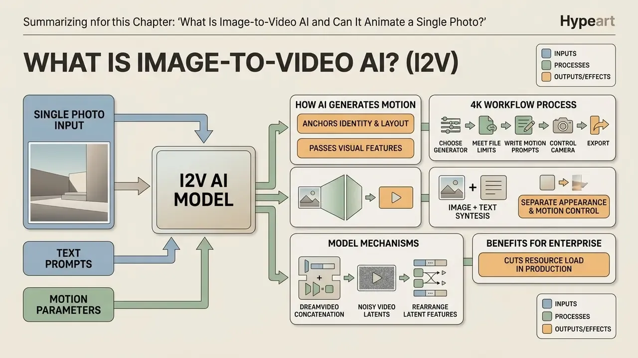 Diagram showing how I2V AI models use photos, text prompts, and motion parameters to synthesize video