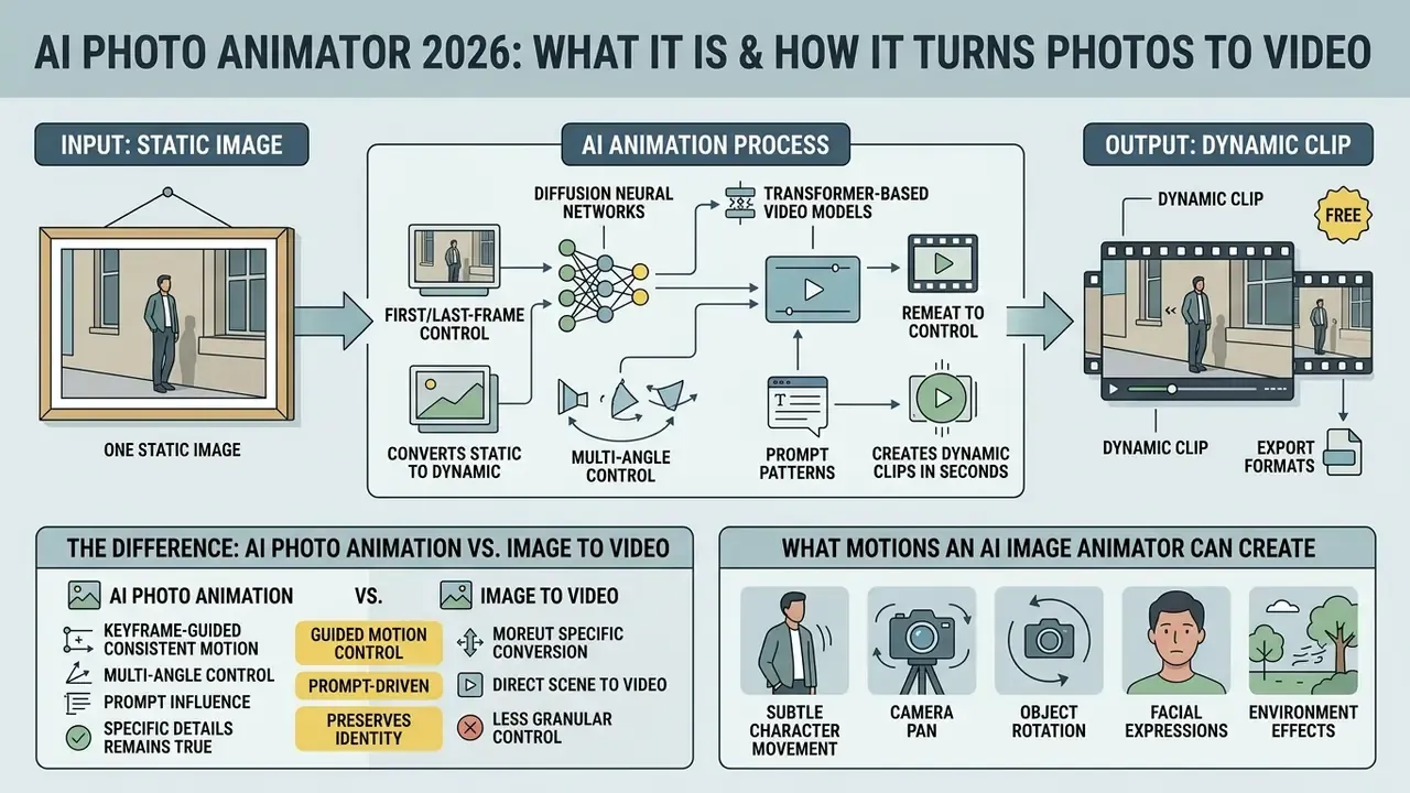 Infographic showing how an AI photo animator converts a static image into a dynamic video clip