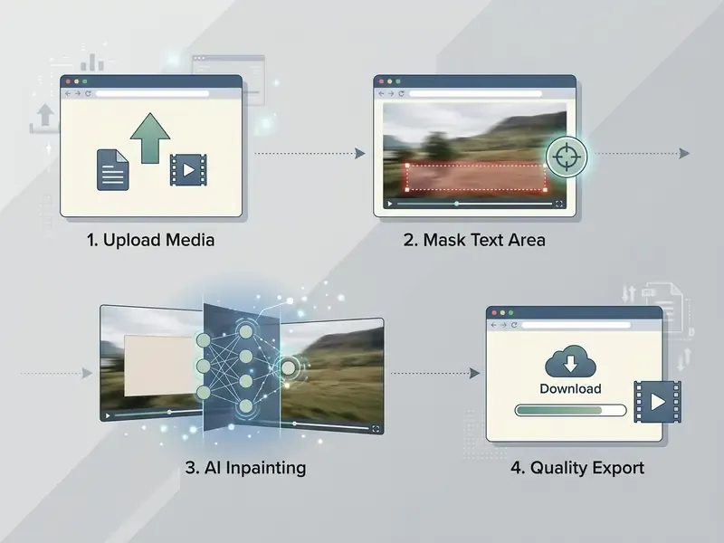 Four step process showing media upload, text masking, AI inpainting, and final file download