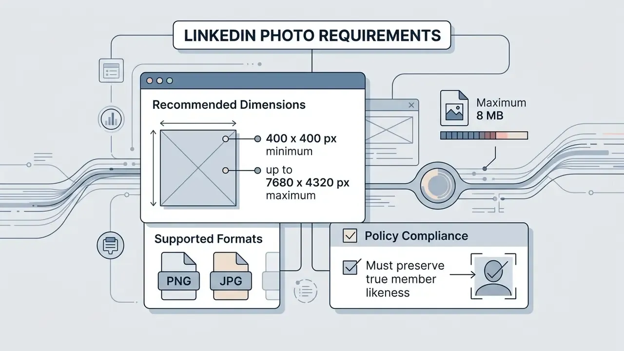 Technical breakdown of file dimensions, formats, size limits, and likeness requirements for profile photos