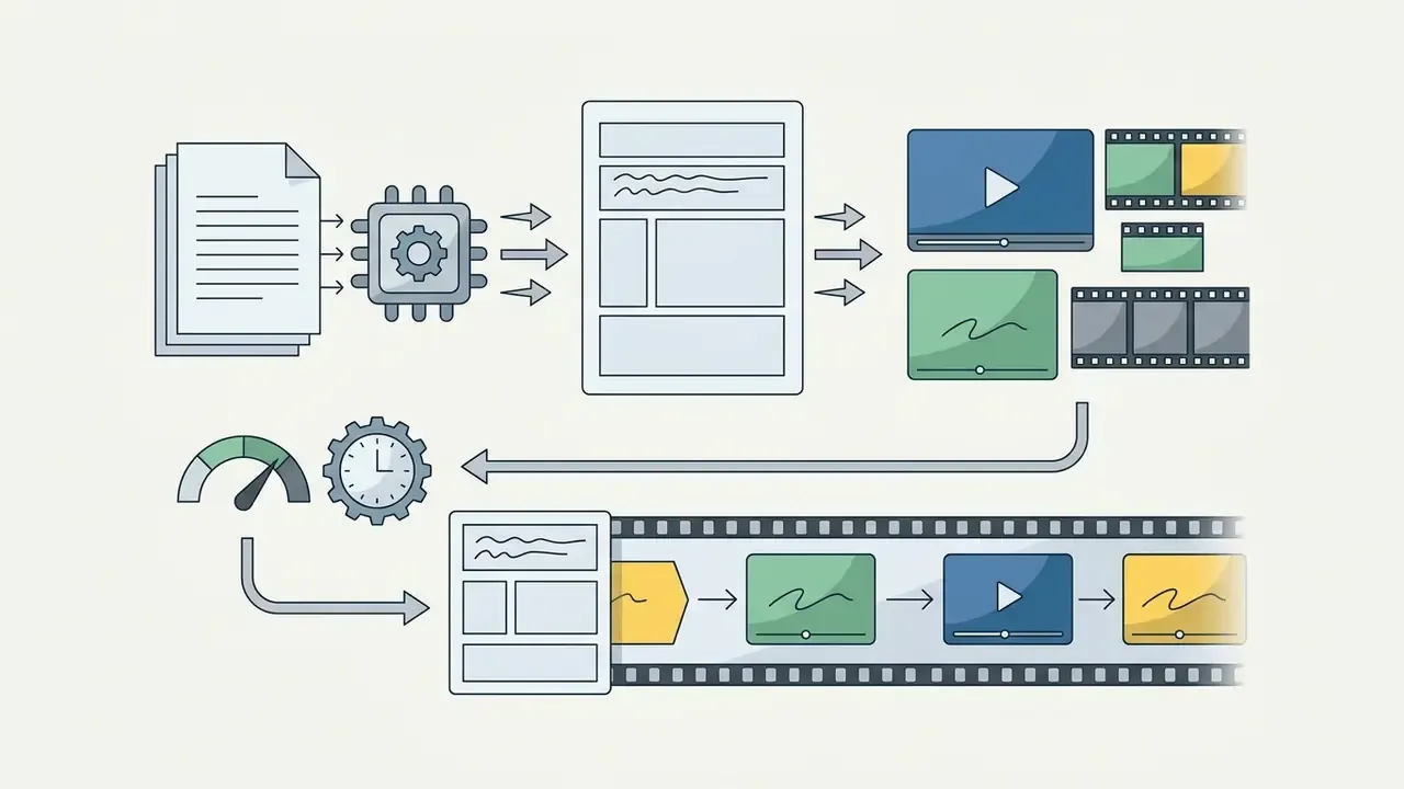 Documents and a processor chip feeding into a layout that converts into video clips and film strips