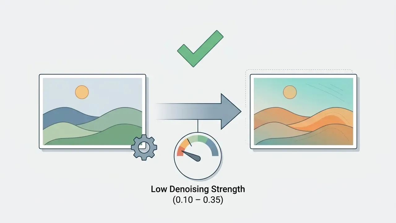 Two landscape images connected by an arrow with a gauge set to low denoising strength