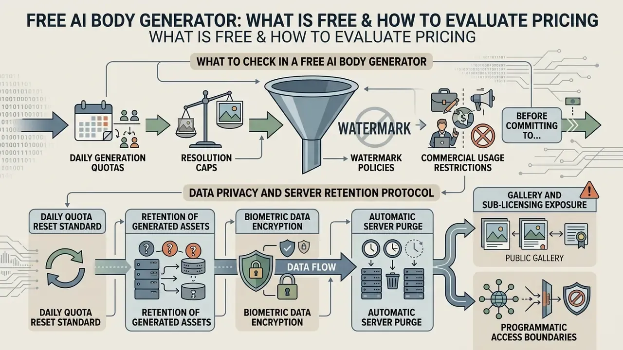 Infographic outlining evaluation criteria for software tools including usage quotas and data privacy