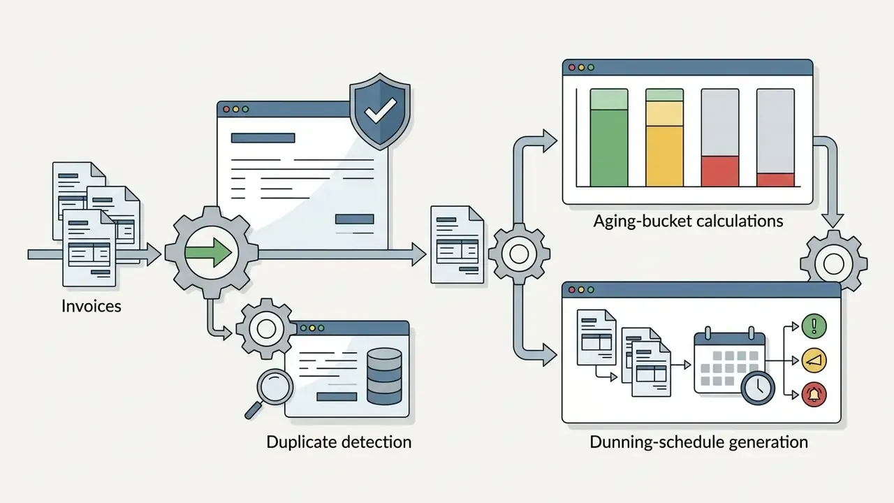 Flowchart showing invoice processing through validation, duplicate detection, and automated scheduling