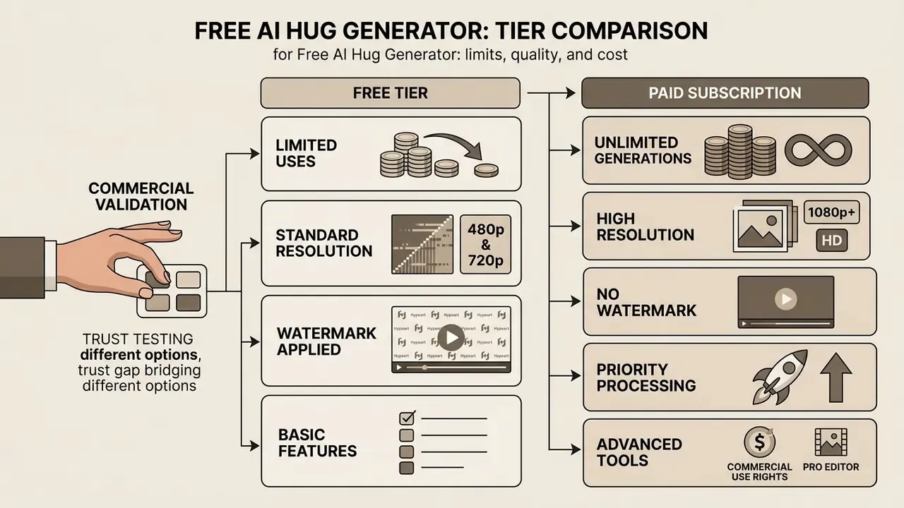 Comparison chart contrasting features and limitations between free and paid video generation plans