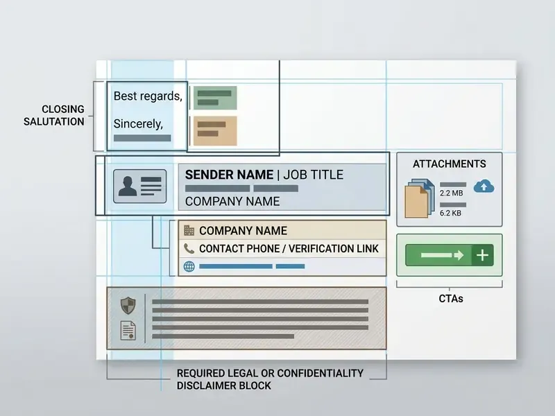 Layout showing email closing salutations, signature blocks, file attachments, and legal disclaimers