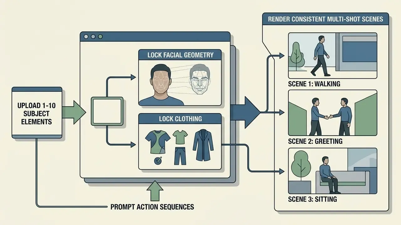 Process flow mapping subject elements to locked facial geometry and clothing for consistent video scenes