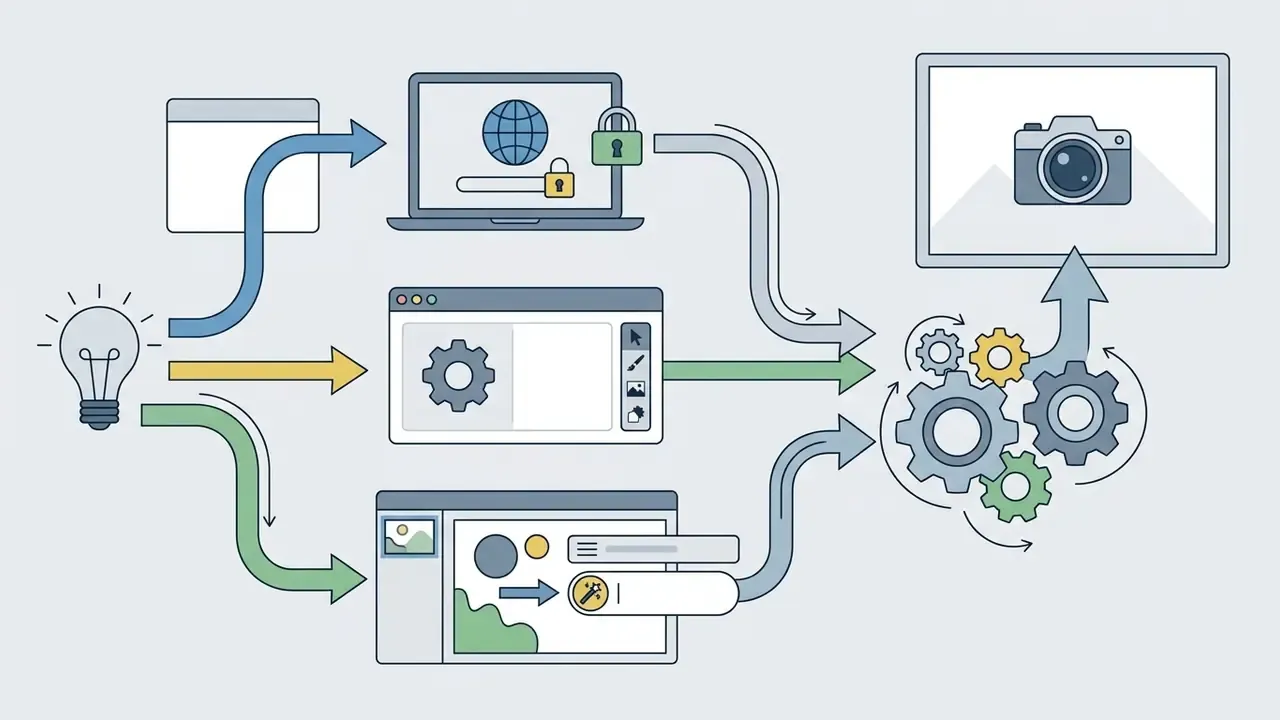 Lightbulb icon feeding into various web interfaces that connect to a gear system producing a camera image