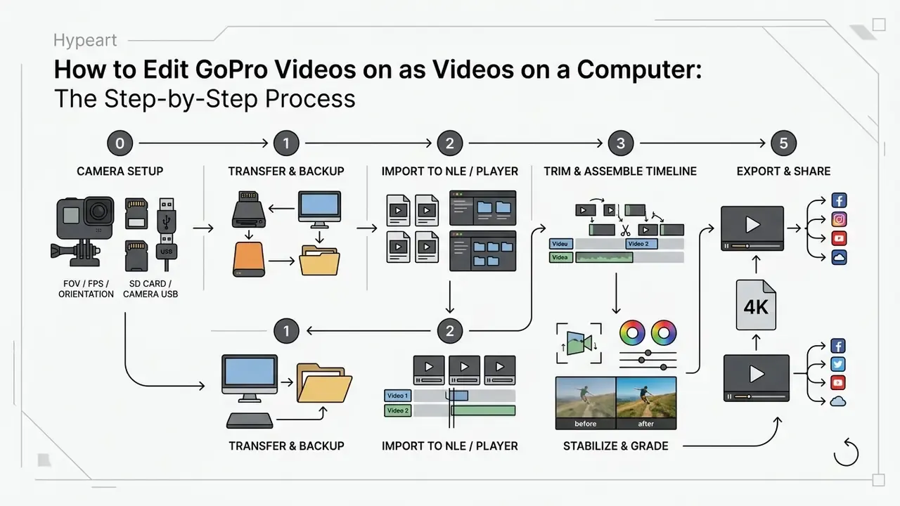 Flowchart detailing the sequence from camera setup and file transfer to timeline editing and final export