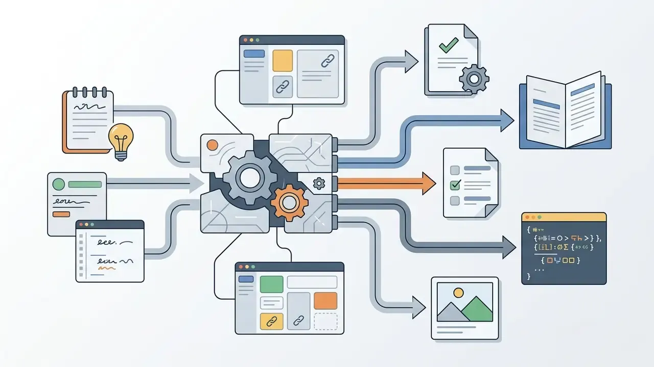 Input documents and browser windows feeding a gear mechanism that outputs various file and data formats