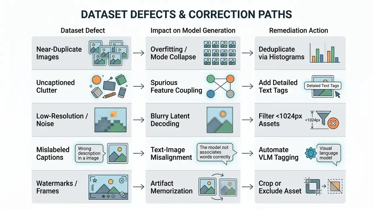 Table mapping common dataset defects to their negative model impacts and specific remediation strategies