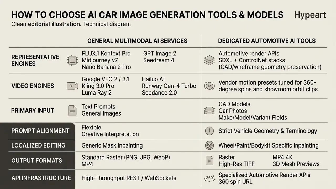 Comparison table contrasting general multimodal AI services with dedicated automotive rendering tools