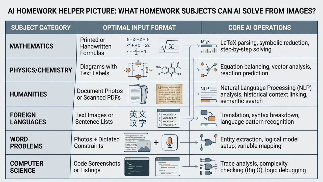 Matrix detailing optimal input formats and core AI operations for various academic homework subjects