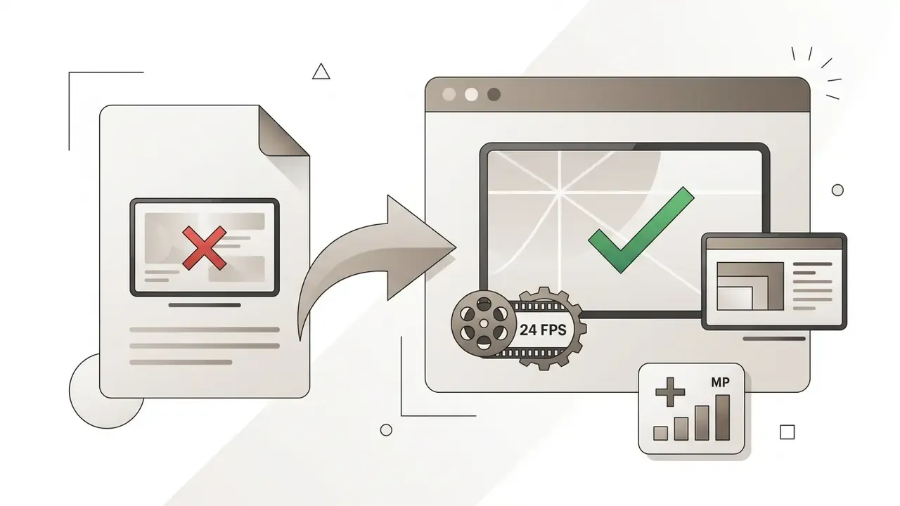 Document with a red cross transitioning to a corrected screen with a green checkmark and 24 FPS gear icon