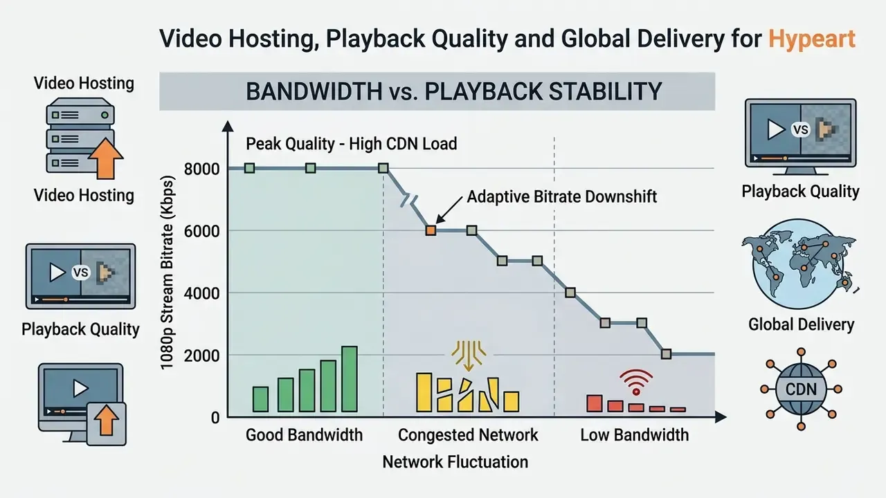Line graph showing adaptive bitrate downshift as network bandwidth decreases from good to congested