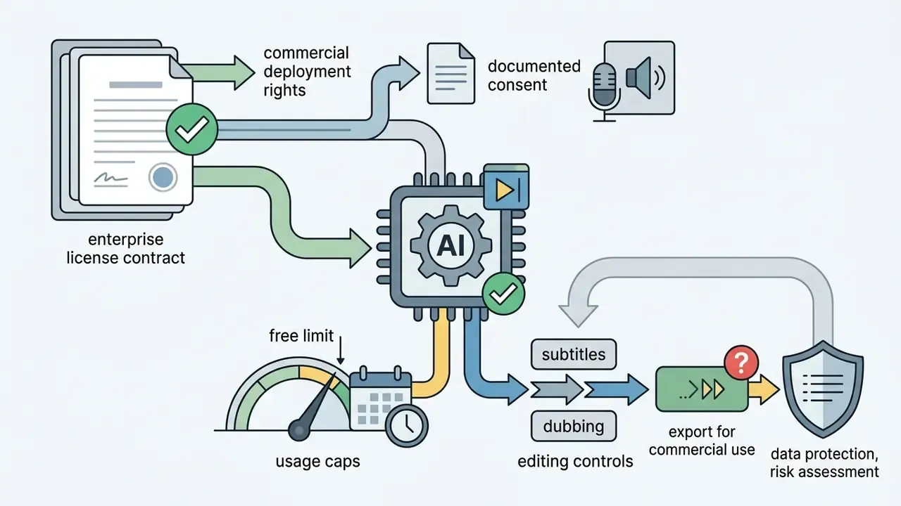 Process flow connecting enterprise contracts and usage limits to AI dubbing and commercial export risks