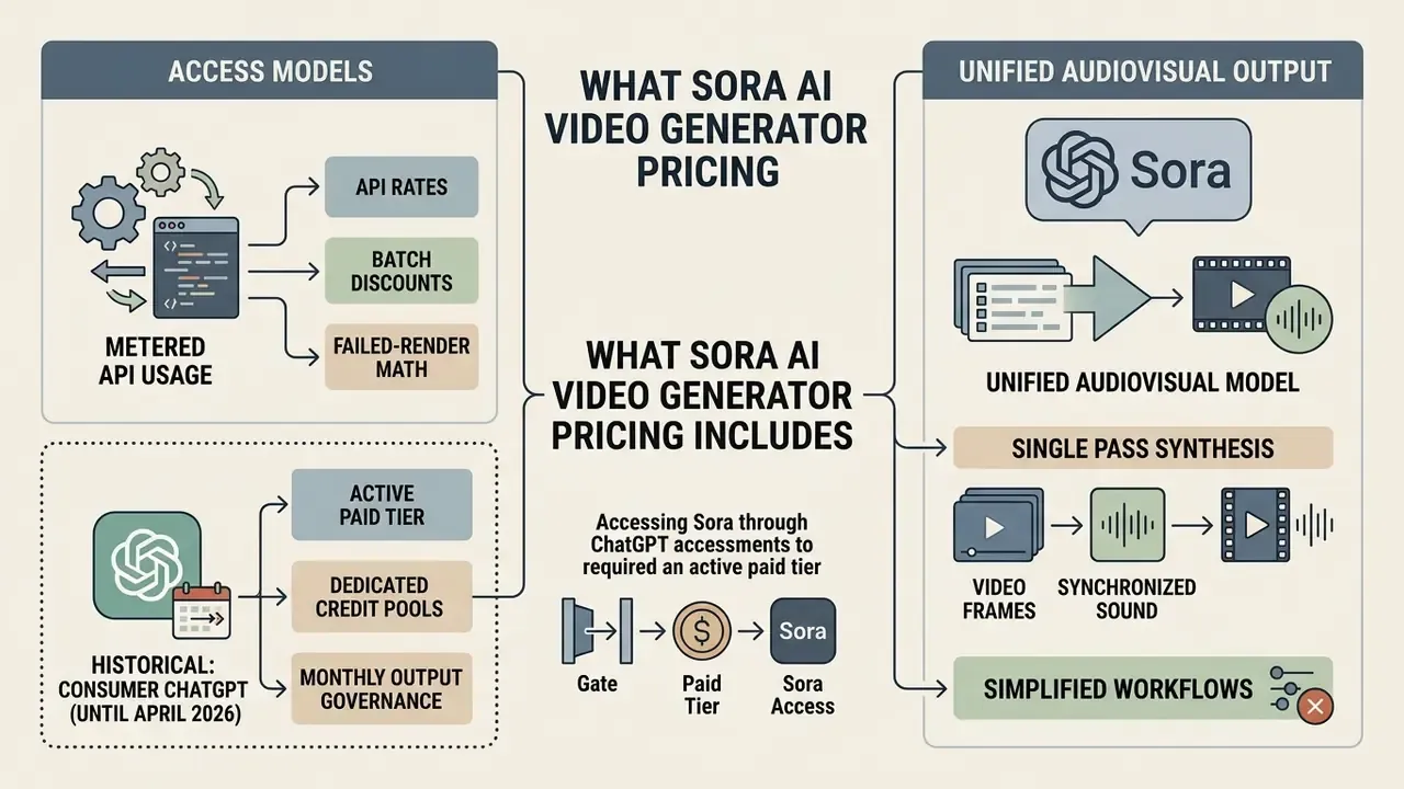 Diagram detailing Sora AI video generator pricing through API usage, historical tiers, and model outputs