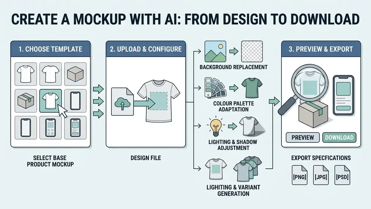 Step by step process diagram showing template selection, design upload, configuration, and final export