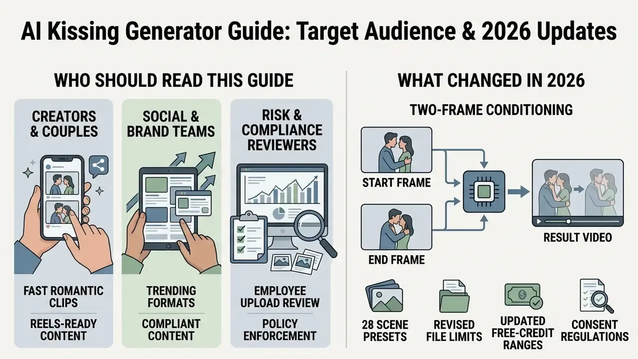 Infographic showing target audiences for an AI kissing generator and technical updates for 2026
