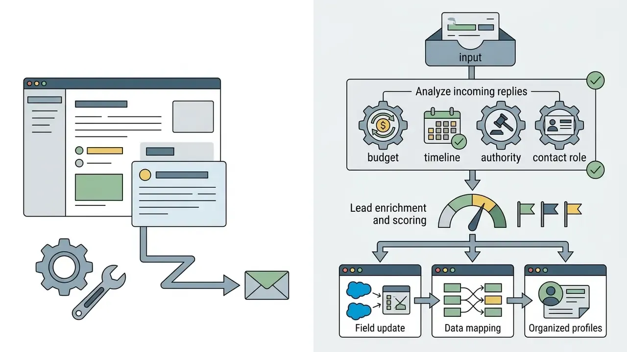 Workflow showing automated lead data extraction, scoring, and CRM synchronization for business contacts