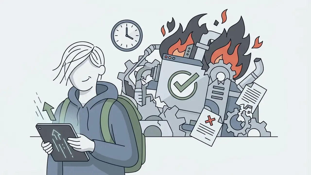 Person holding a tablet while standing in front of a complex machine engulfed in flames