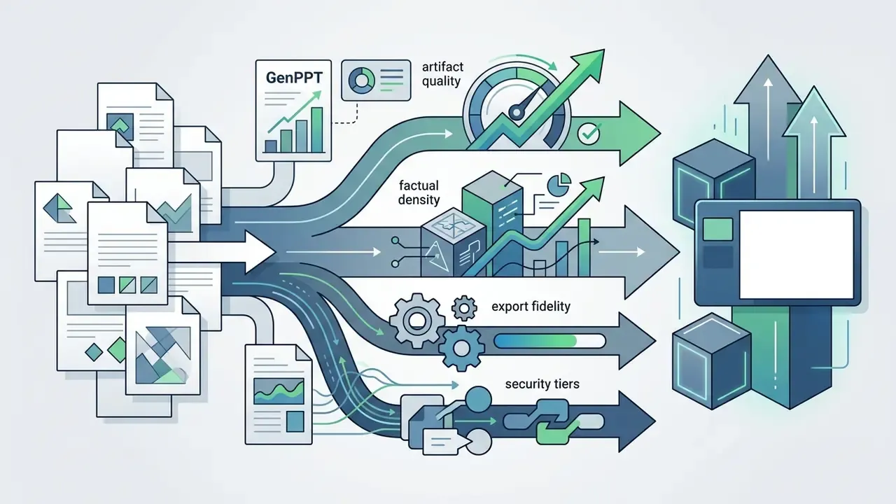 Documents and GenPPT data streams converging into performance metrics and final slide deck outputs