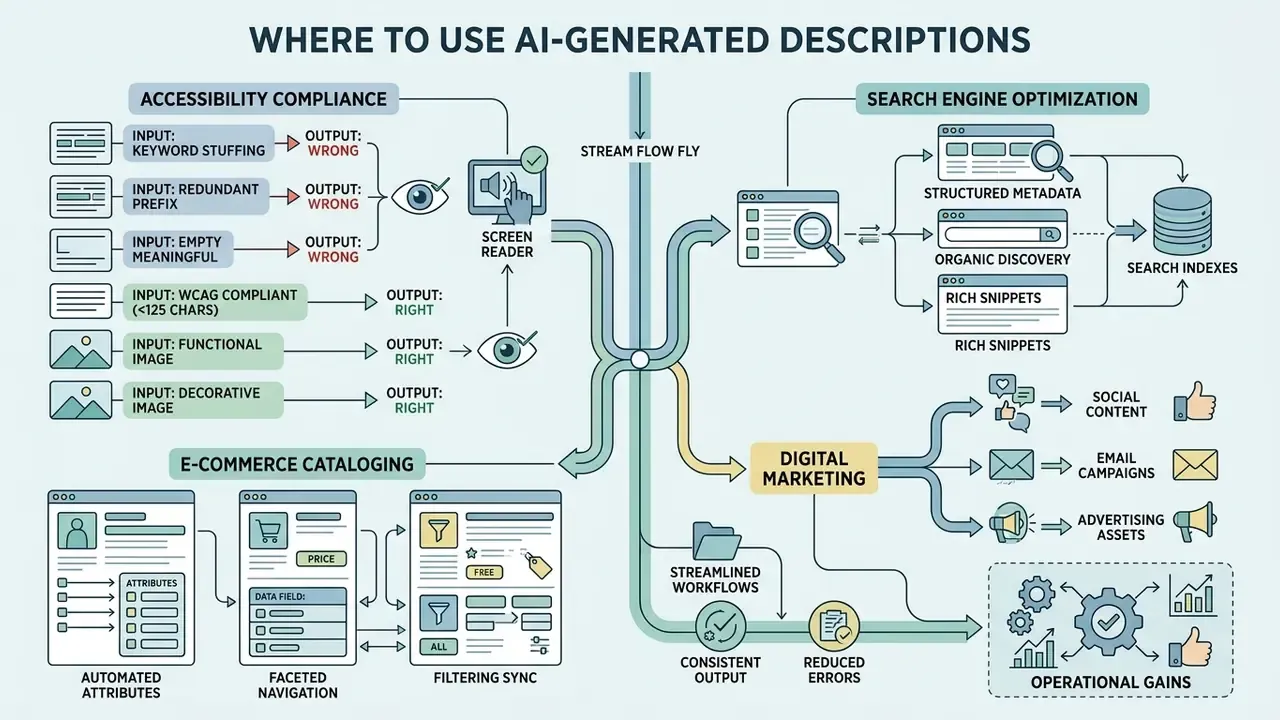 Infographic mapping how AI image description supports accessibility, SEO, e-commerce, and digital marketing