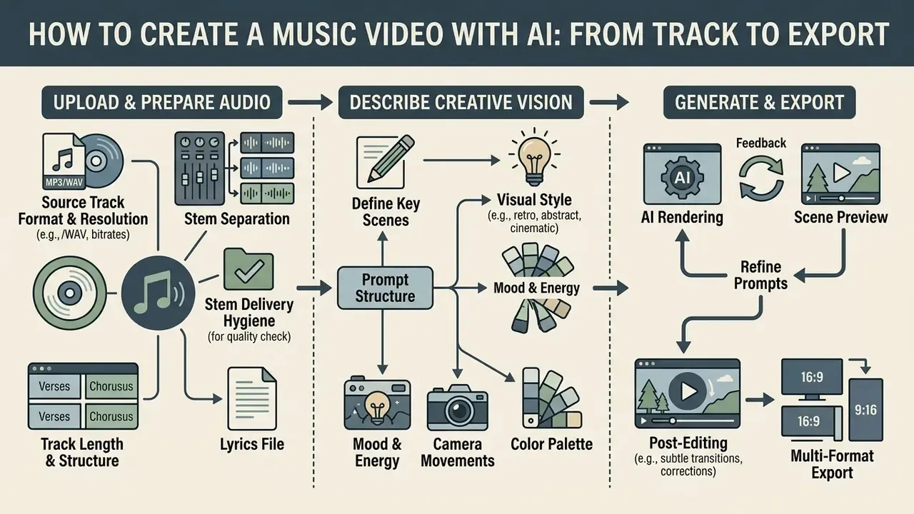 Step-by-step workflow infographic detailing audio preparation, creative prompting, and final video export