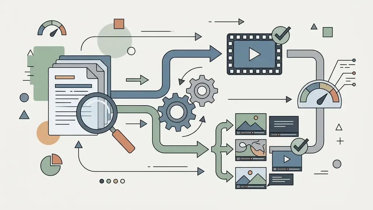 Flowchart showing a magnifying glass examining documents that lead to a single video or multiple scenes