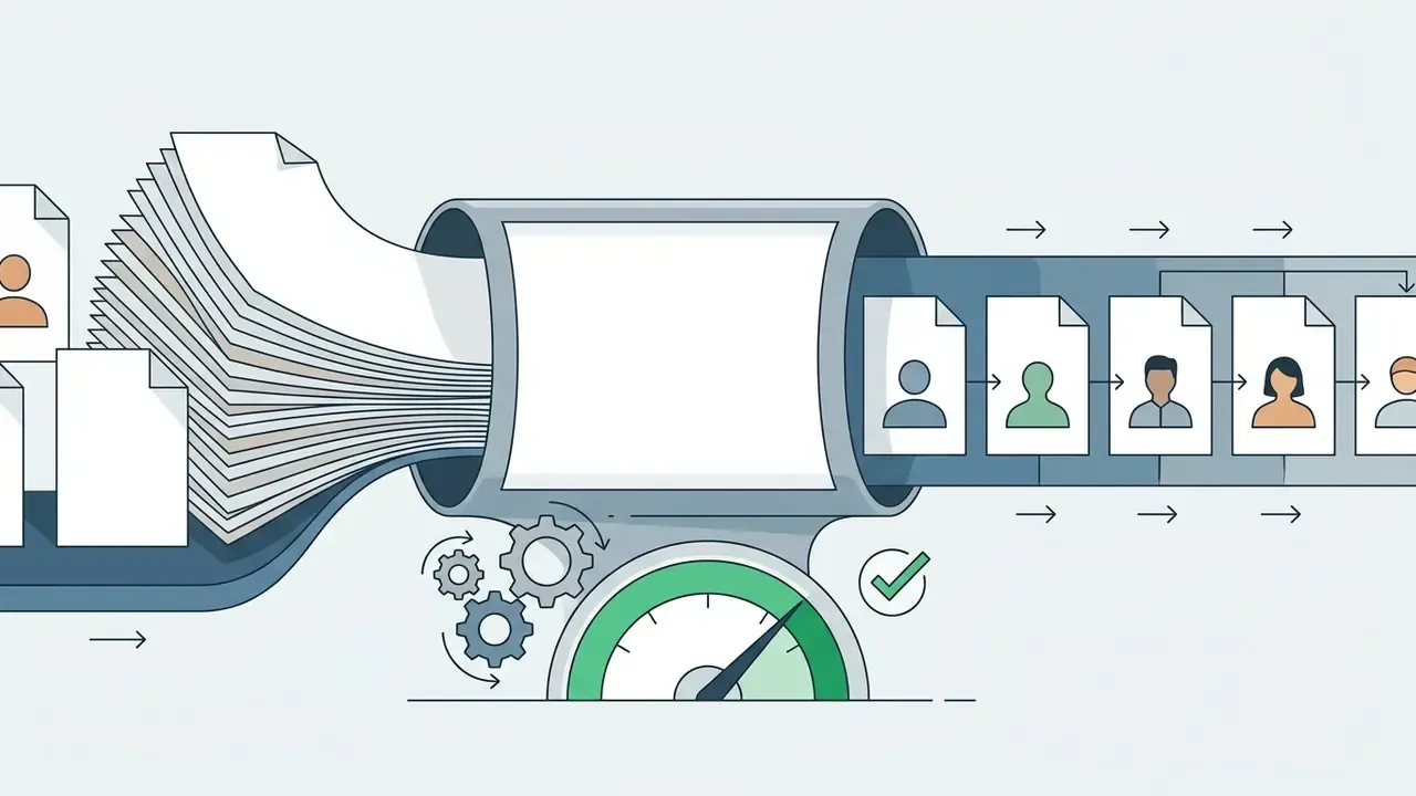 Stack of documents feeding into a processor with a speedometer gauge and emerging as a sequence of character profiles