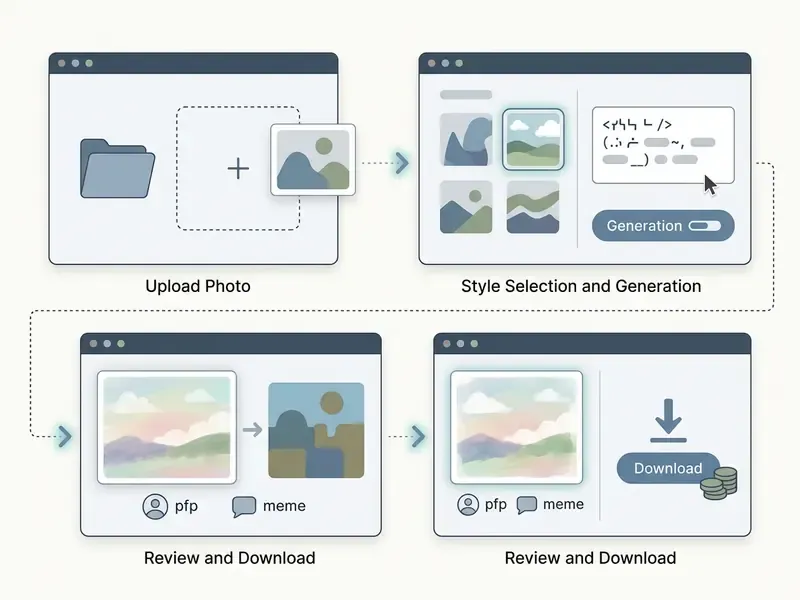 Workflow steps for uploading a photo, selecting a style, generating the image, and downloading the result
