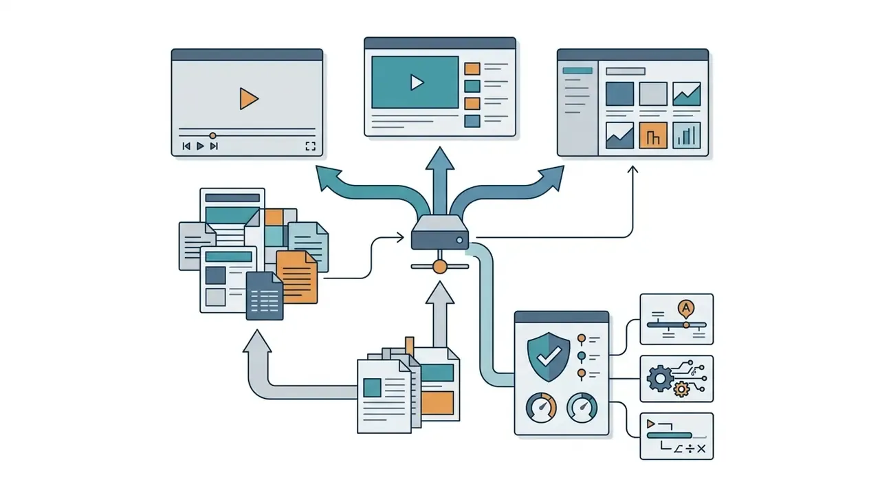 Central hub distributing video assets to various platforms while logging metadata and compliance details