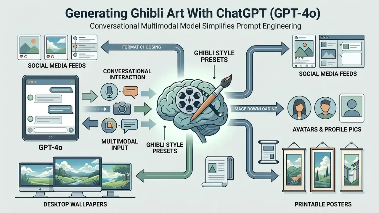 Infographic showing how a Ghibli AI image generator processes multimodal inputs for various media formats