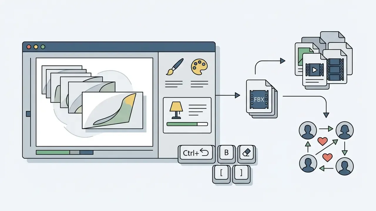 Browser interface with drawing tools and keyboard shortcuts exporting project files to a community network