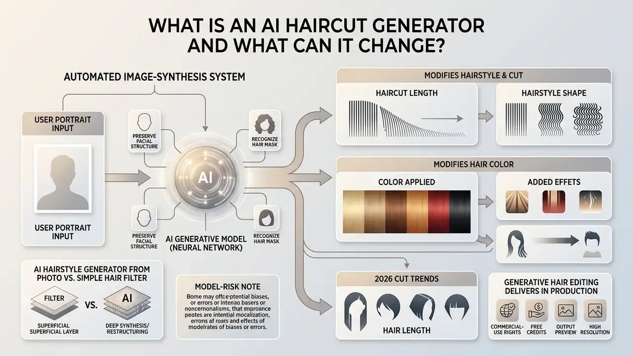 Infographic showing how an AI haircut generator processes user portraits to modify hair length and color