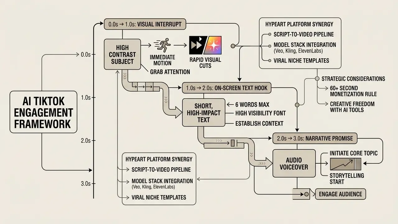 Timeline diagram mapping three seconds of video content to specific engagement techniques and workflows