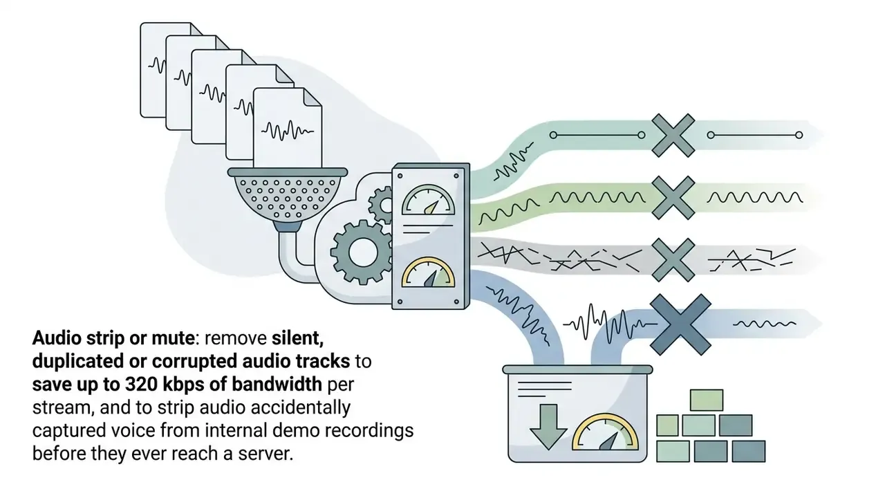 Audio files passing through a filter and processor to remove unwanted tracks before reaching a storage container