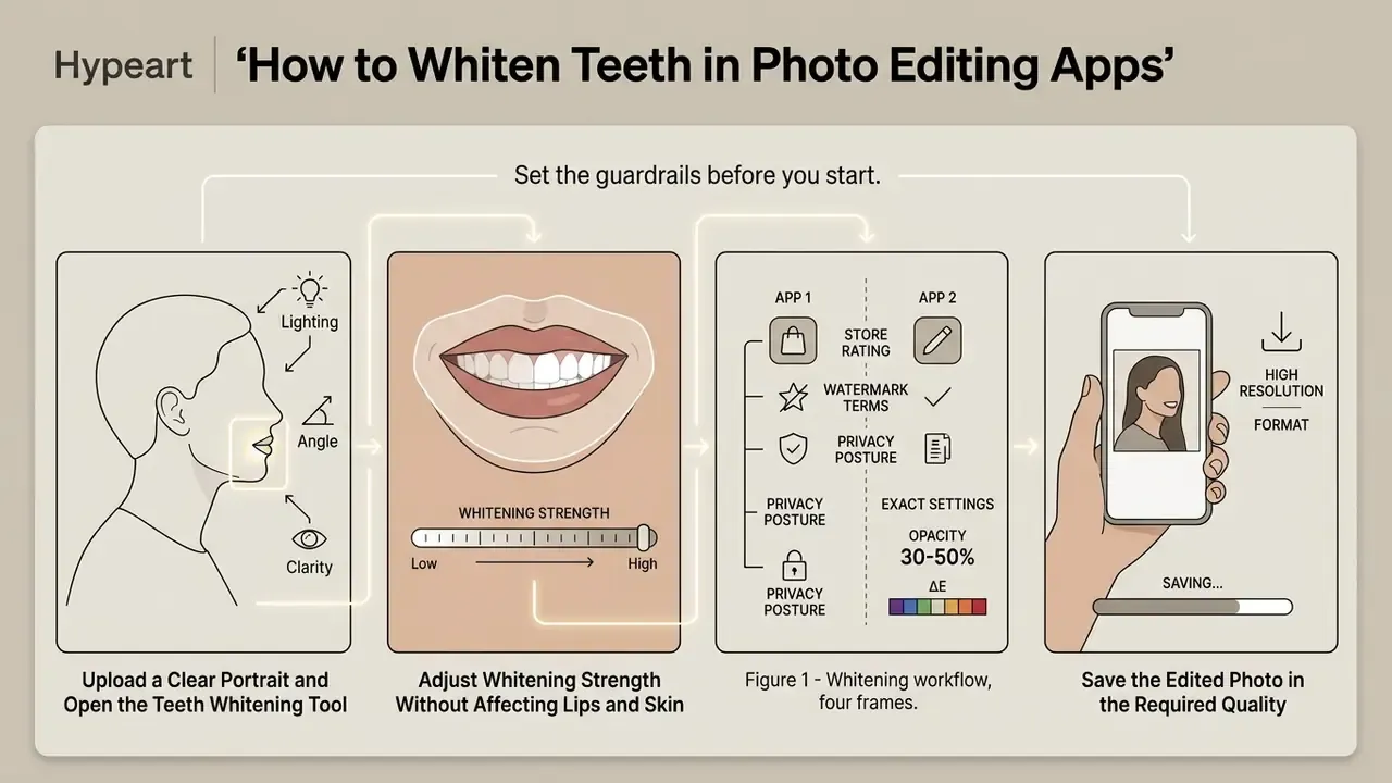 Four step workflow diagram showing portrait preparation, brightness adjustment, settings, and final export