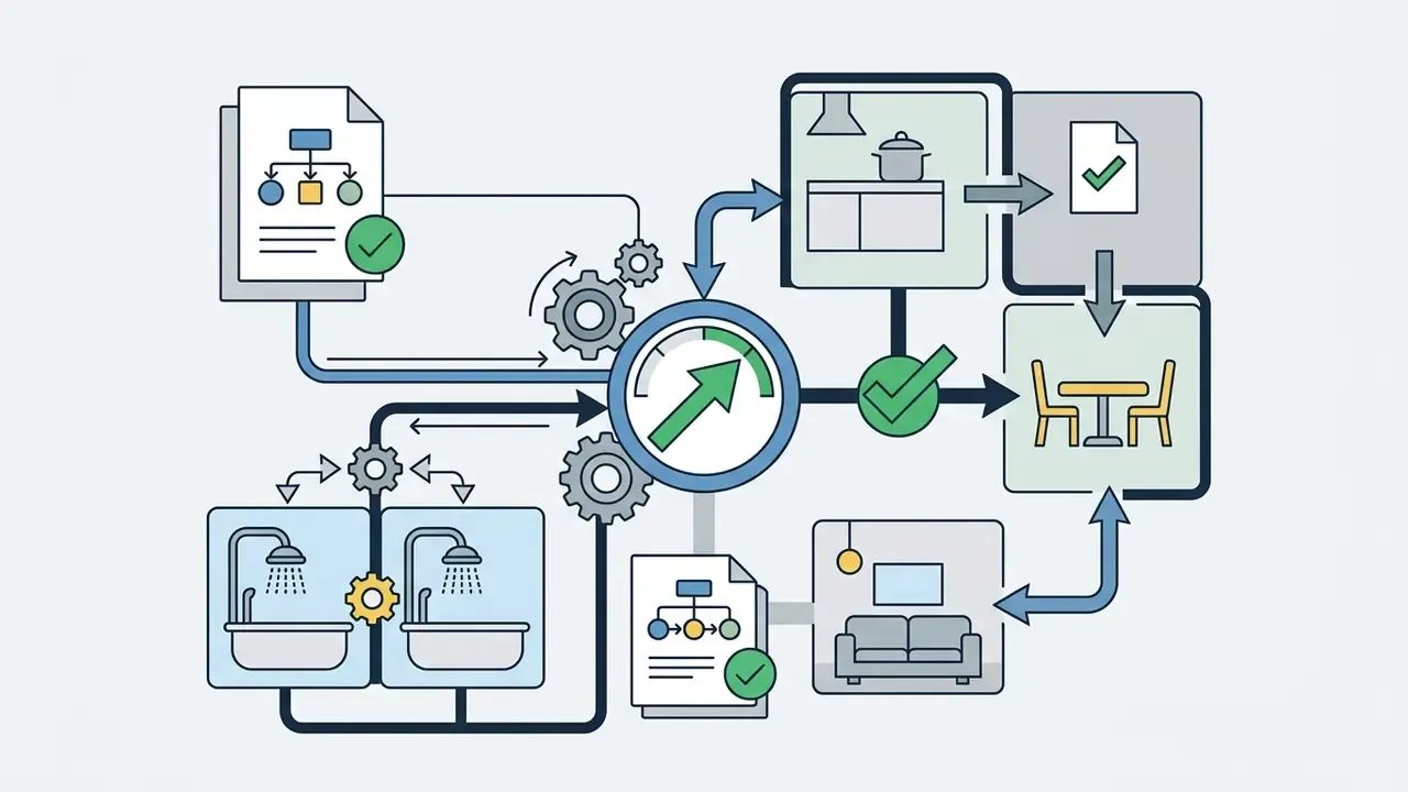 Central gauge mechanism connecting room layout icons and adjacency logic documents with checkmarks