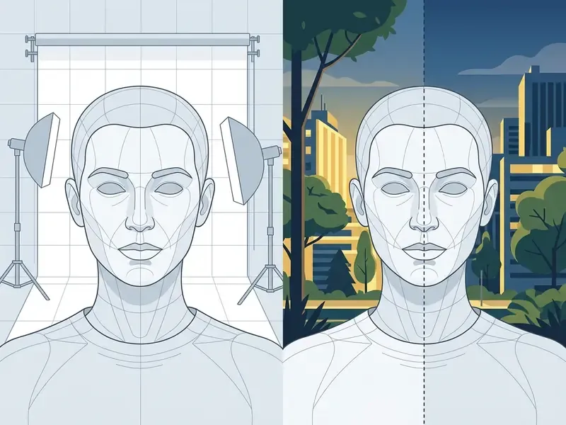 Split view showing a studio portrait subject transformed into an AI image generator environmental scene