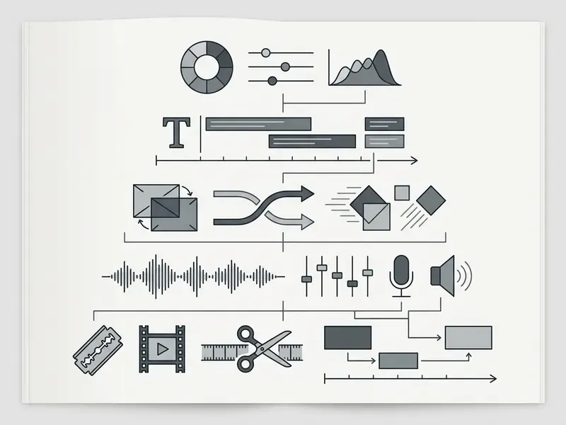 Hierarchical diagram showing core video editing functions from basic cutting to advanced color grading