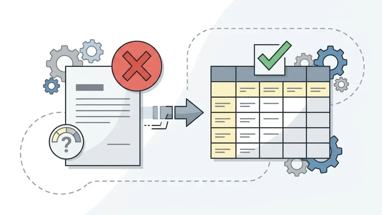 Document with a red cross and question gauge transitioning into a checked pricing table with gears